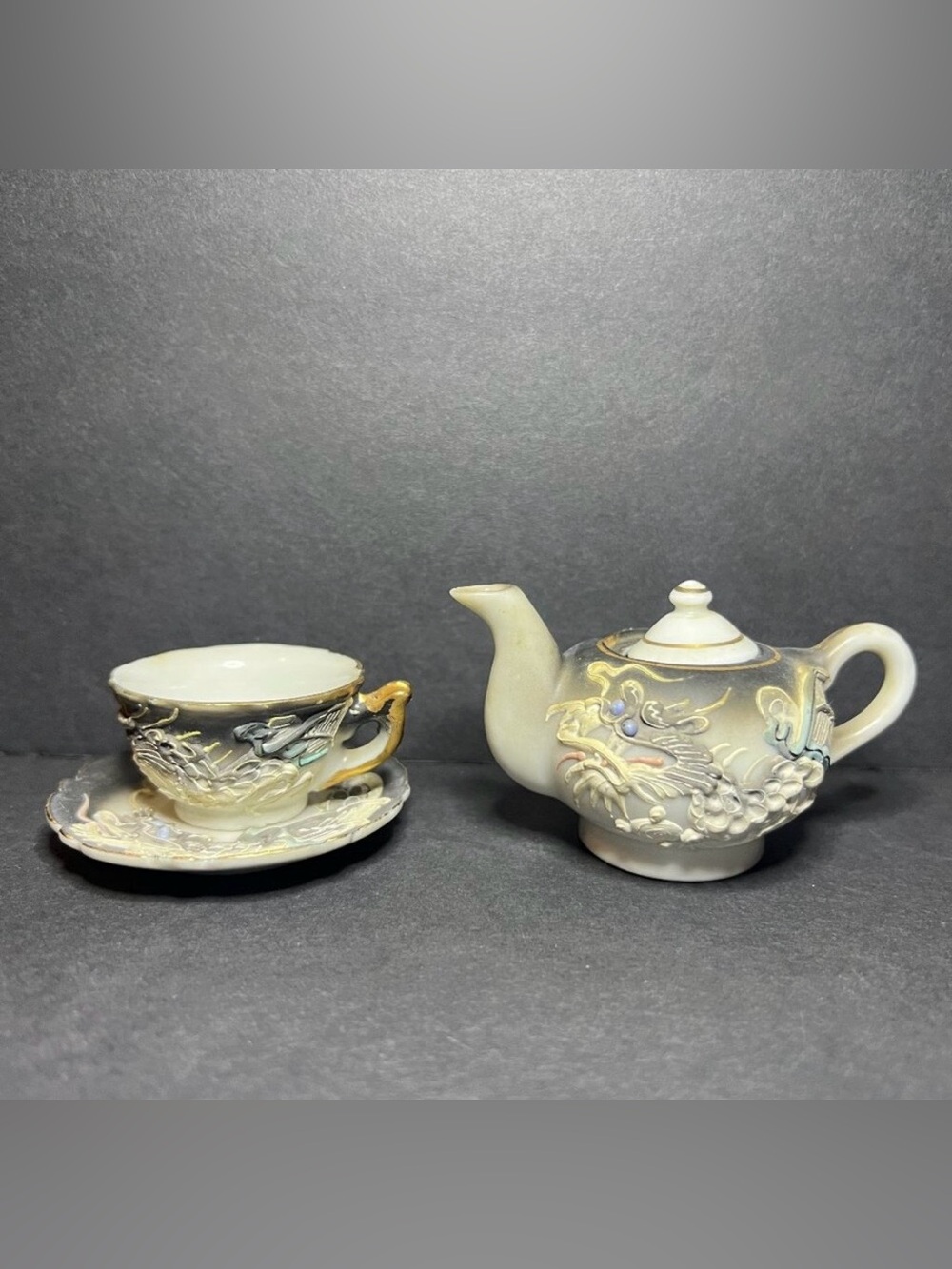 Vintage 4pc Mini Asian Style Dragon Ware Tea Set - Teapot, Lid, Plate & Teacup